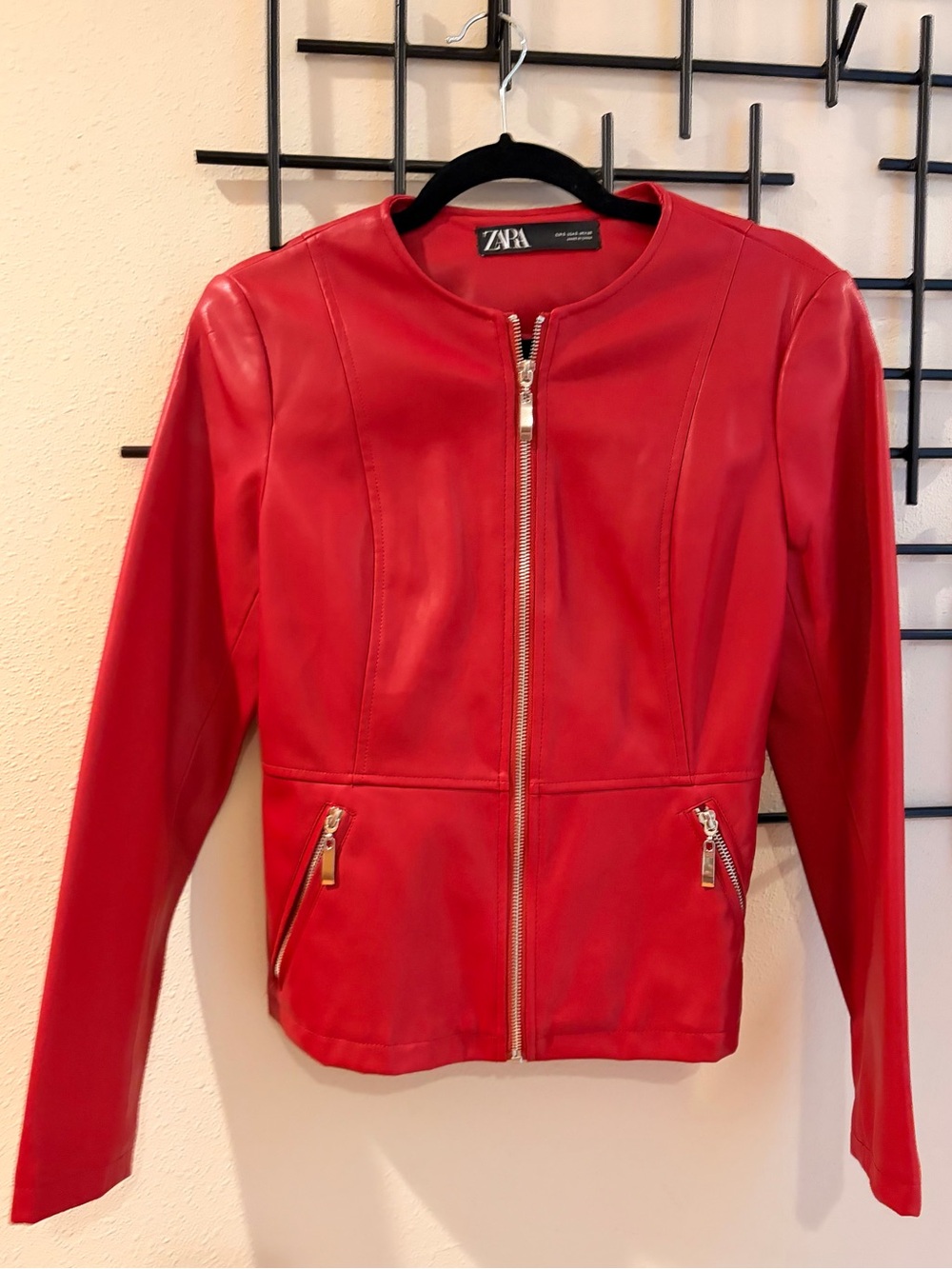 Zara Red Faux Leather Zip-Up Jacket with Silver Hardware